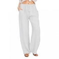 thumbnail image 1 of Bidobibo Women's Cotton Linen Long Wide Leg Pants Solid Color High Waist Drawstring Loose Fit Casual Trousers with Pockets, 1 of 7