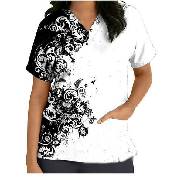Bidobibo Women's Plus Size Floral Scrub Tops V-Neck Fun T Shirts Workwear Nurse Uniform Tee, 2 Pockets Stretch Tailored Fit Workwear, Anti-Wrinkle Medical Scrubs for Women