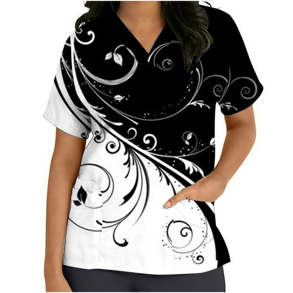 Bidobibo Women's Plus Size Floral Scrub Tops V-Neck Fun T Shirts Workwear Nurse Uniform Tee, 2 Pockets Stretch Tailored Fit Workwear, Anti-Wrinkle Medical Scrubs for Women
