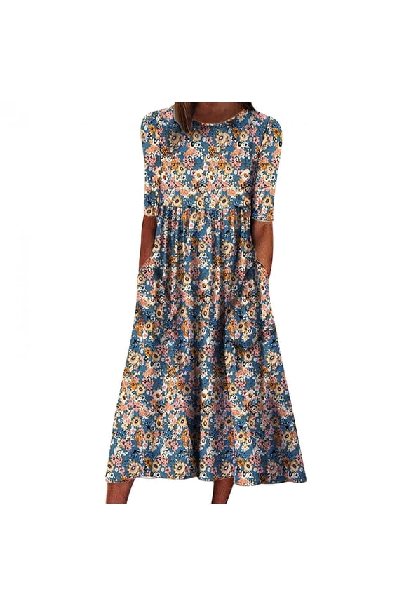 Womens Summer Dresses Casual Loose Vintage Floral Print Beach Dresses Round Neck Short Sleeve Pleated Midi Dress Travel Sundress with Pockets