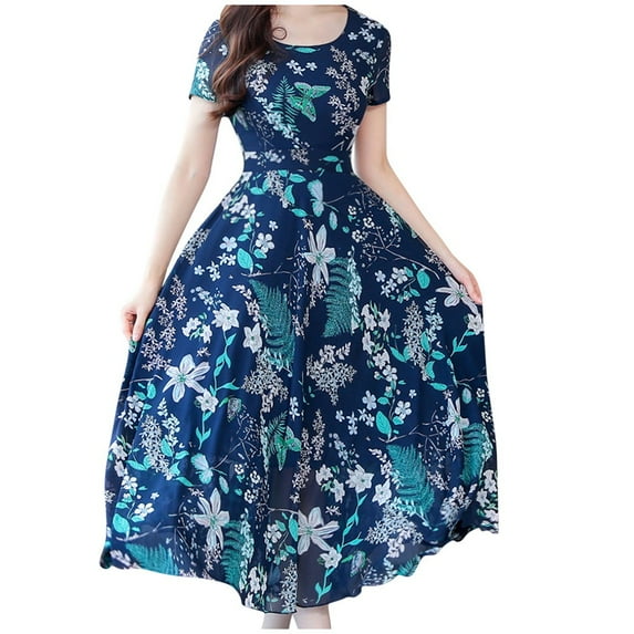 Bidobibo Womens Summer Maxi Dresses Casual Print High Waist Long Beach Dresses Round Neck Short Sleeve Holiday Sundress