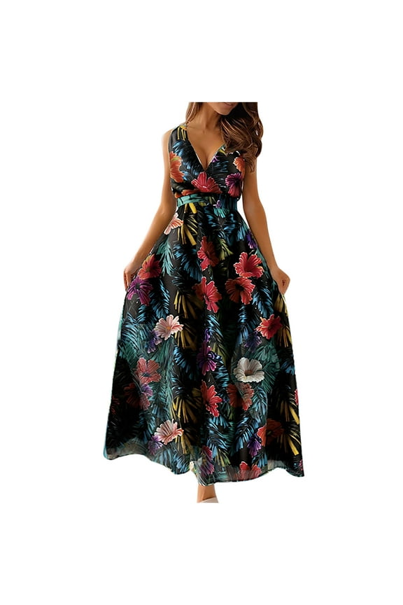 Bidobibo Womens Summer Maxi Dresses Tropical Print Beach Dresses V-Neck Sleeveless High Waist Lace up Flowy Maxi Dress Sundress