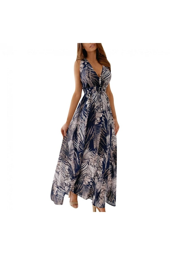 Bidobibo Womens Summer Maxi Dresses Tropical Print Beach Dresses V-Neck Sleeveless High Waist Lace up Flowy Maxi Dress Sundress