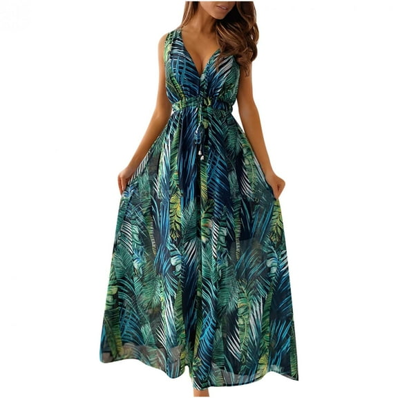 Bidobibo Womens Summer Maxi Dresses Tropical Print Beach Dresses V-Neck Sleeveless High Waist Lace up Flowy Maxi Dress Sundress