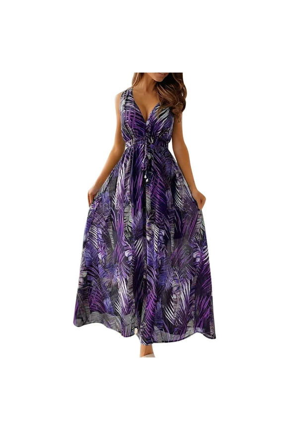 Bidobibo Womens Summer Maxi Dresses Tropical Print Beach Dresses V-Neck Sleeveless High Waist Lace up Flowy Maxi Dress Sundress