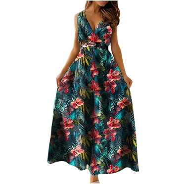 Bidobibo Womens Summer Maxi Dresses Tropical Print Beach Dresses V-Neck Sleeveless High Waist Lace up Flowy Maxi Dress Sundress