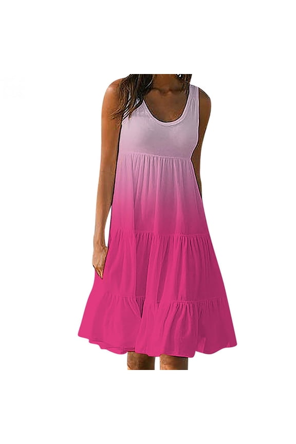 Womens Summer Plus Size Tank Dresses Casual Loose Fit Gradient Beach Dresses Sundress Crew Neck Sleeveless Pleated Mini Dress