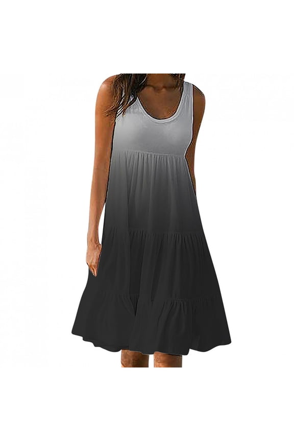Womens Summer Plus Size Tank Dresses Casual Loose Fit Gradient Beach Dresses Sundress Crew Neck Sleeveless Pleated Mini Dress