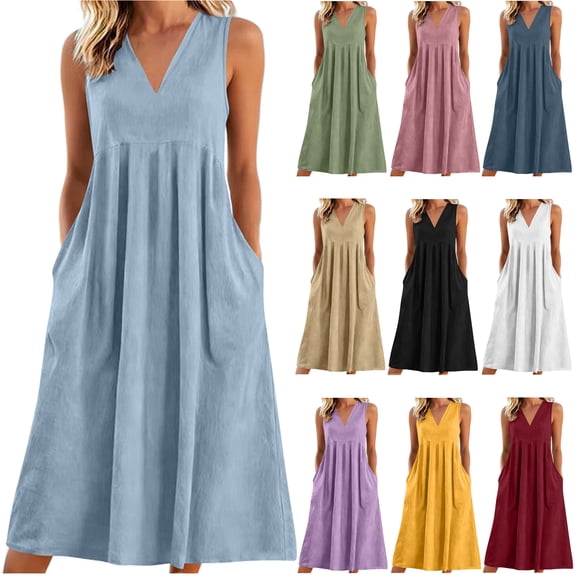 YABCSAZ Summer Dresses for Women V-Neck Sleeveless Midi Dress Casual Flowy Tiered Maxi Beach Dress Loose Solid Color Plus Size Sundress with Pockets