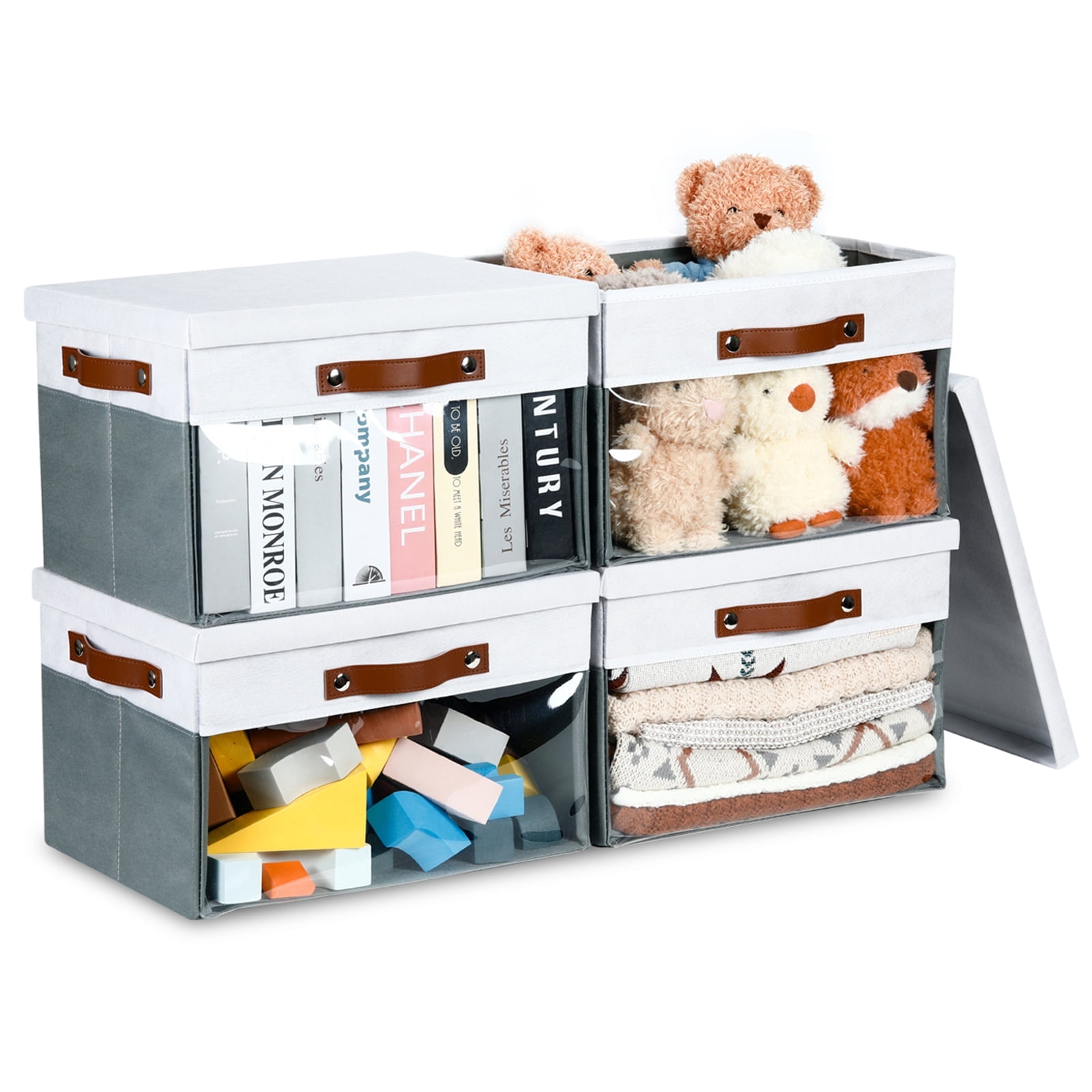 Bidtakay Collapsible Storage Bins with Lid 15 x 11 x 9.7 inch 4-Pack Fabric Closet Organizer with Clear Window Storage Baskets for Shelves Organization (White&Grey)