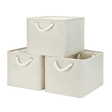 Bidtakay Large Fabric Baskets with Handles 3-Pack Collapsible Storage Basket for Shelves 15 X 11 X 9.5 inches Canvas Bins for Closet Organization (Ivory)