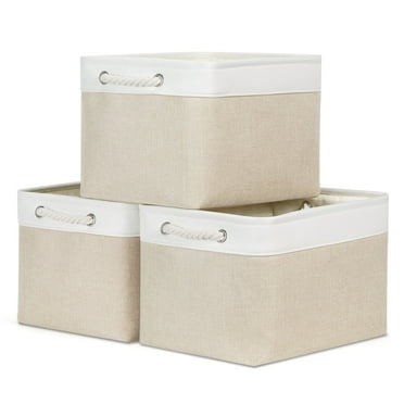 Bidtakay Large Fabric Baskets with Handles 3-Pack Collapsible Storage Basket for Shelves 15 X 11 X 9.5 inches Canvas Bins for Closet Organization (White&Beige)