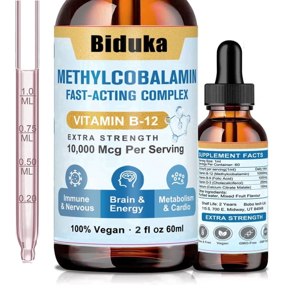 BIDUKA Sublingual Vitamin B12 Liquid Drops for Adults, 10000mcg Methylcobalamin with Folic Acid, Vitamin D3 & Calcium, Energy Support, 2 fl oz