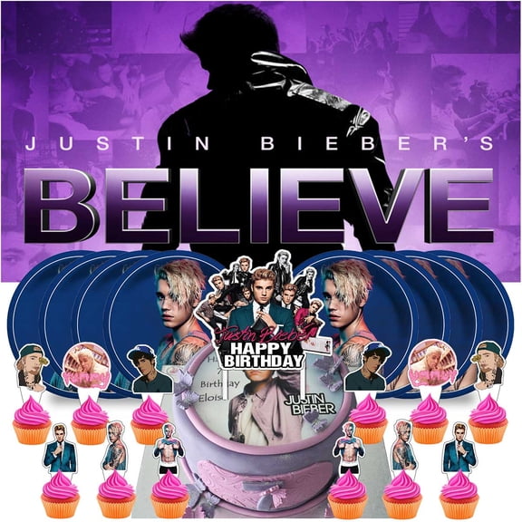 Bieber Birthday Party Decor Set - 5x2.3ft Backdrop Banner, Paper Plates, Cake Toppers & Fan Decorations