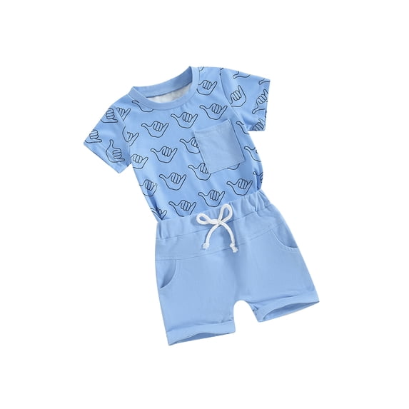 Biekopu 2Pcs Baby Boy Summer Outfits Short Sleeve Tree/Gesture Print T-Shirt + Shorts Set Toddler Clothes