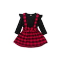 thumbnail image 1 of Biekopu 2Pcs Toddler Outfit, Long Sleeve T-Shirt + Plaid Suspenders Skirt, 1 of 7