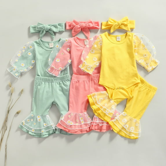 Biekopu 3 Pcs Newborn Daisy Pattern Clothes Set Baby Girls Mesh Patchwork Round Neck Long Sleeve Playsuit + Flared Pants + Headband