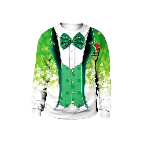 Biekopu Adult Ugly Saint Patrick's Day Sweater Men Women Novelty Printing Funny Sweatshirts Long Sleeve Crew Neck Sweatshirt (Medium, Green Bowknot)