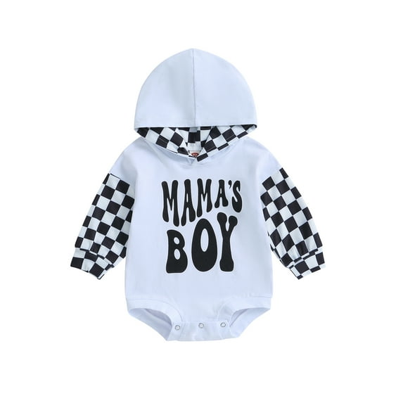 Biekopu Baby Boys Autumn Casual Hooded Romper,Long Sleeve Letter Print Plaid Patchwork Romper,0-24 Months