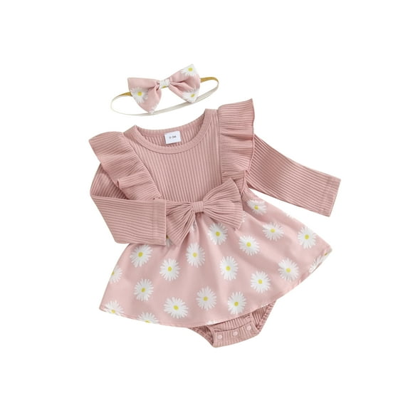 Biekopu Baby Girl 2Pcs Spring Outfits Long Sleeve Bow Front Daisy Print Romper with Headband Set Infant Clothes
