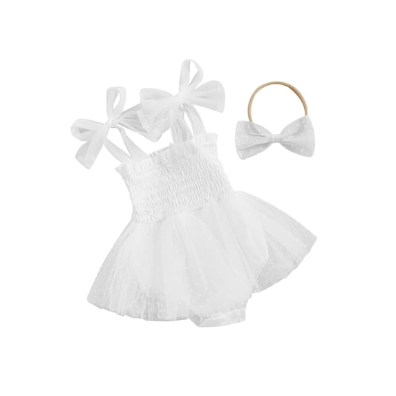 Biekopu Baby Girl 2Pcs Summer Outfits Sleeveless Tie Strap Smocked Romper Dress with Headband Set Infant Clothes