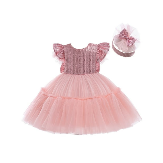 Biekopu Baby Girl Dresses Girl Ball Gown Tutu Princess Dress Sequin Fly Sleeve Baby Girl Dress 1st Birthday Wedding Party Dress