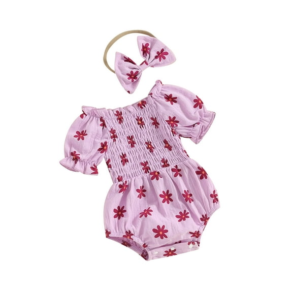 Biekopu Baby Girl Summer Outfits Short Puff Sleeve Floral Print Romper with Headband Set Infant Bodysuit Hairband
