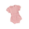 thumbnail image 1 of Biekopu Baby Girls 2 Piece Outfit Solid Color Ribbed Short Sleeve T-Shirt and Elastic Shorts Set Cute Summer Clothes, 1 of 9