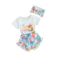 thumbnail image 1 of Biekopu Baby Girls 3Pcs Easter Outfit Short Sleeve Romper + Ruffle Shorts + Headband Set Newborn Clothes, 1 of 9