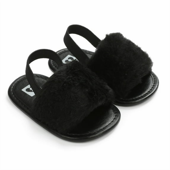 Biekopu Baby Girls Plush Sandals Summer Open Toe Fur Princess Flats Walking Shoes for Toddler Newborn Infant