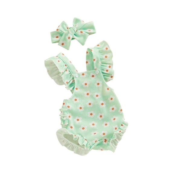 Biekopu Baby Girls Romper Bodysuit and Headband Strawberry/Flower/Cherry Print Fly Sleeve Frills Infant Jumpsuit Summer Clothes