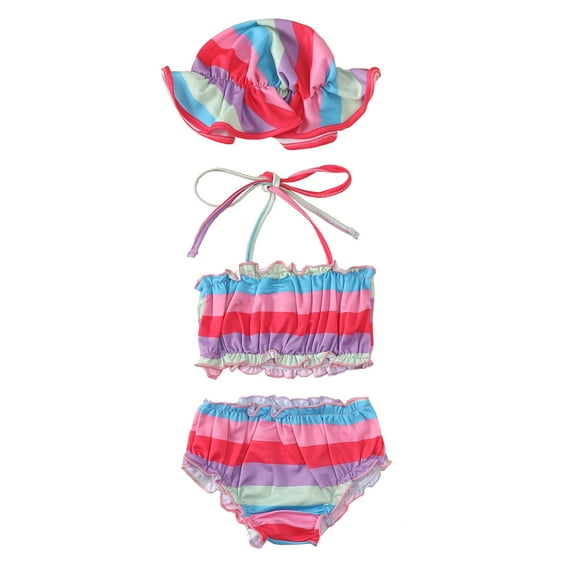 Biekopu Baby Girls Split Swimsuit Set, Summer Floral Printing/Stripe Hanging Neck Sleeveless Lace Swimwear + Shorts + Swim Cap