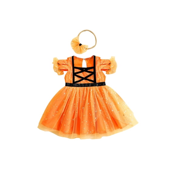 Biekopu Baby Girls Summer Dress with Bow Headband, Hollow Mesh Sleeve Color Contrasts Glitter Square Neck One-Piece, Toddler Girls Dress