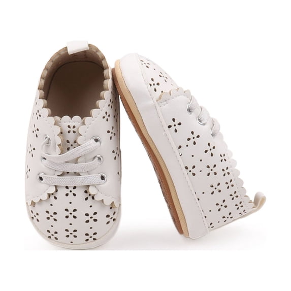 Biekopu Baby Gril Flat Shoes Solid Color Lacing Up PU Leather Hollow Out Non-Slip Shoes Infant Walking Shoes