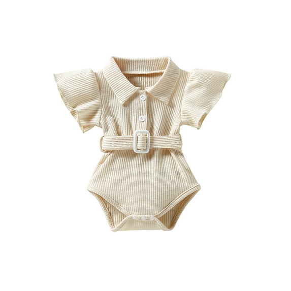 Biekopu Baby Romper, Solid Color Turn-Down Collar Fly Sleeve Bodysuit with Waist Belt for Summer, 0-24 Months