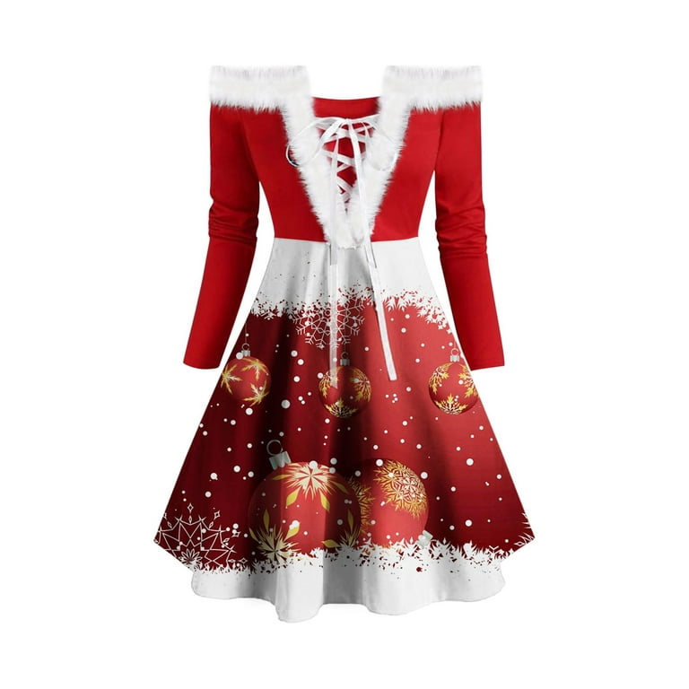 Biekopu Christmas Dresses for Women V Neck Party Dress Santa Reindeer  Printed 2021 Midi Dresses Long Sleeve (2# Snowflake Print, X-Large)