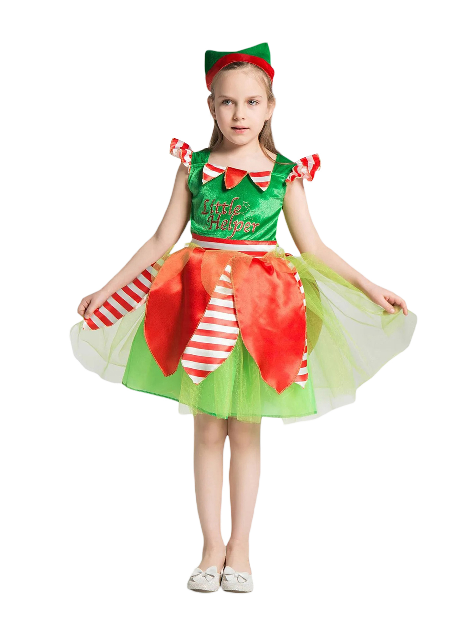 Biekopu Girl Christmas Elf Costume Cute Mesh Tulle Dress and Elf Hat