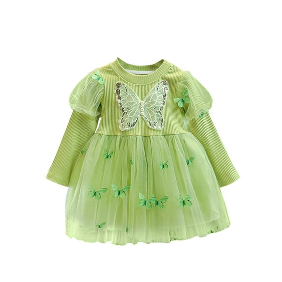 Biekopu Girl Tutu Tulle Dress Toddler Butterfly Pattern Long Sleeve Round Neck Mini Dress Little Girl Party Dress