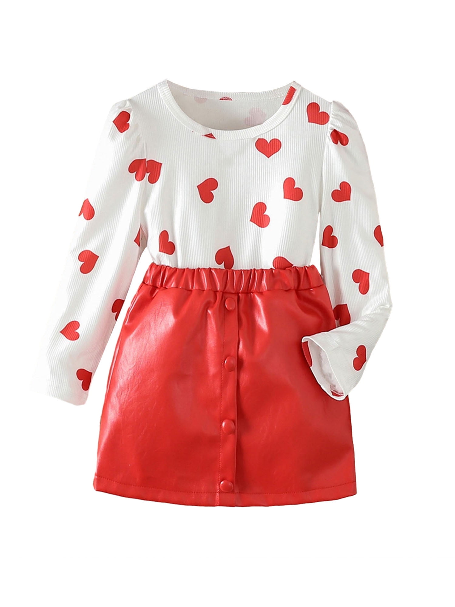 Biekopu Girls Valentine's Day Outfits Long Sleeve Heart Print Tops Red