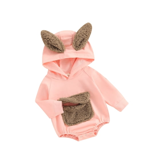 Biekopu Infant Baby Easter Hood Jumpsuit Bunny Ear Long Sleeve Front Fuzzy Pocket Romper