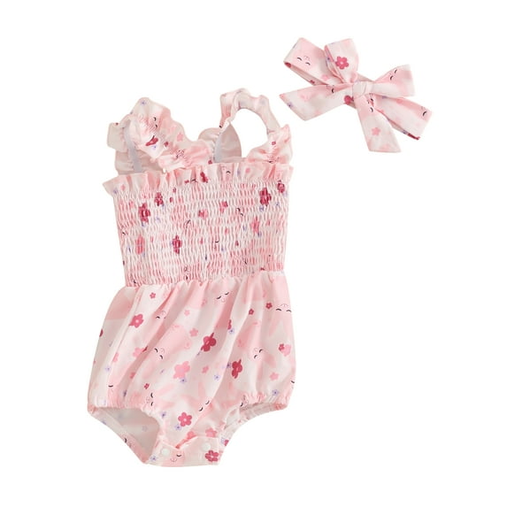 Biekopu Infant Baby Easter Jumpsuit with Bow Headband, Cartoon Rabbit Print Sleeveless Romper for Baby Girls