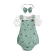 thumbnail image 1 of Biekopu Infant Baby Girl Summer Clothes, Solid Color Fly Sleeve Round Neck Tops + Flower Pattern Suspender Jumpsuit + Bow Headband, 1 of 9