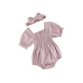 thumbnail image 1 of Biekopu Infant Baby Girl Summer Jumpsuit Solid Color Short Sleeve Square Neck Shirred Romper with Bow Headband, 1 of 9
