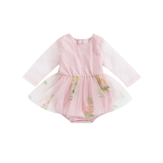 Biekopu Infant Baby Girls Spring Romper Dress,Butterfly Flower Embroidery Long Sleeve Round Neck Tulle Jumpsuit