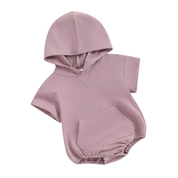 Biekopu Infant Baby Summer Jumpsuit Solid Color Short Sleeve Front Pocket Hood Romper Toddler Clothes