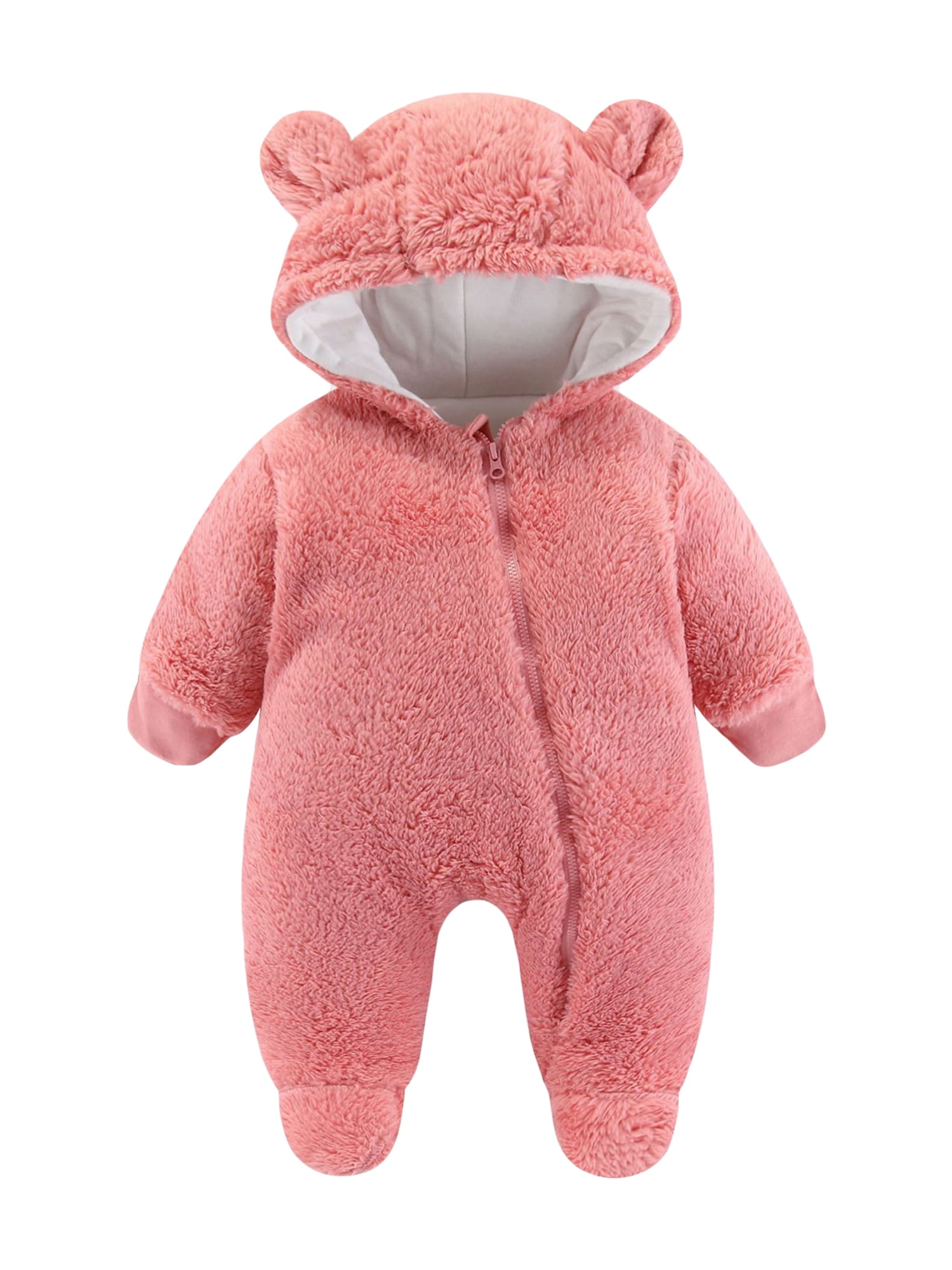 Biekopu Infant Baby Winter Fuzzy Jumpsuit, Long Sleeve Footed Zipper Hood Romper Fleece Lined