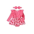 thumbnail image 1 of Biekopu Infant Valentine's Day Outifit Long Sleeve Heart Print Frill Trim Dress Ribbed Romper + 3D Bow Headband 2 Piece Baby Girl Set, 1 of 9