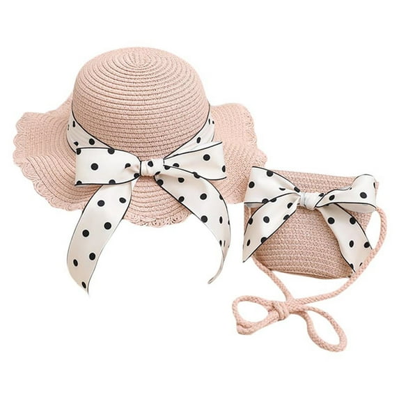 Biekopu Kids Girl Bowler Straw Hat Wide Brim Bowknot Beach Sun Caps and Crossbody Bag for Toddler Summer Seaside Travel Outdoor