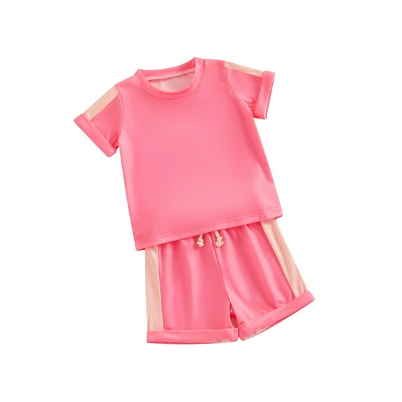 Biekopu Kids Summer Outfit, Contrast Color Short Sleeve Crew Neck T-shirt with Elastic Waist Shorts Clothing Set