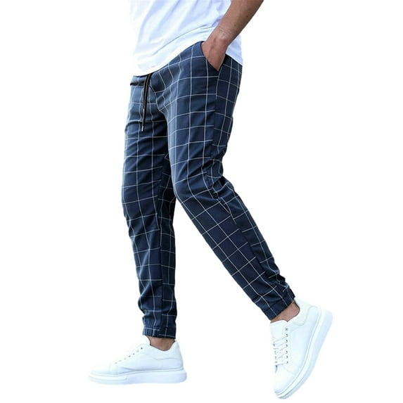 Biekopu Men Plaid Pants, Elastic Waist Casual Pants Trousers with Pockets for Daily Street